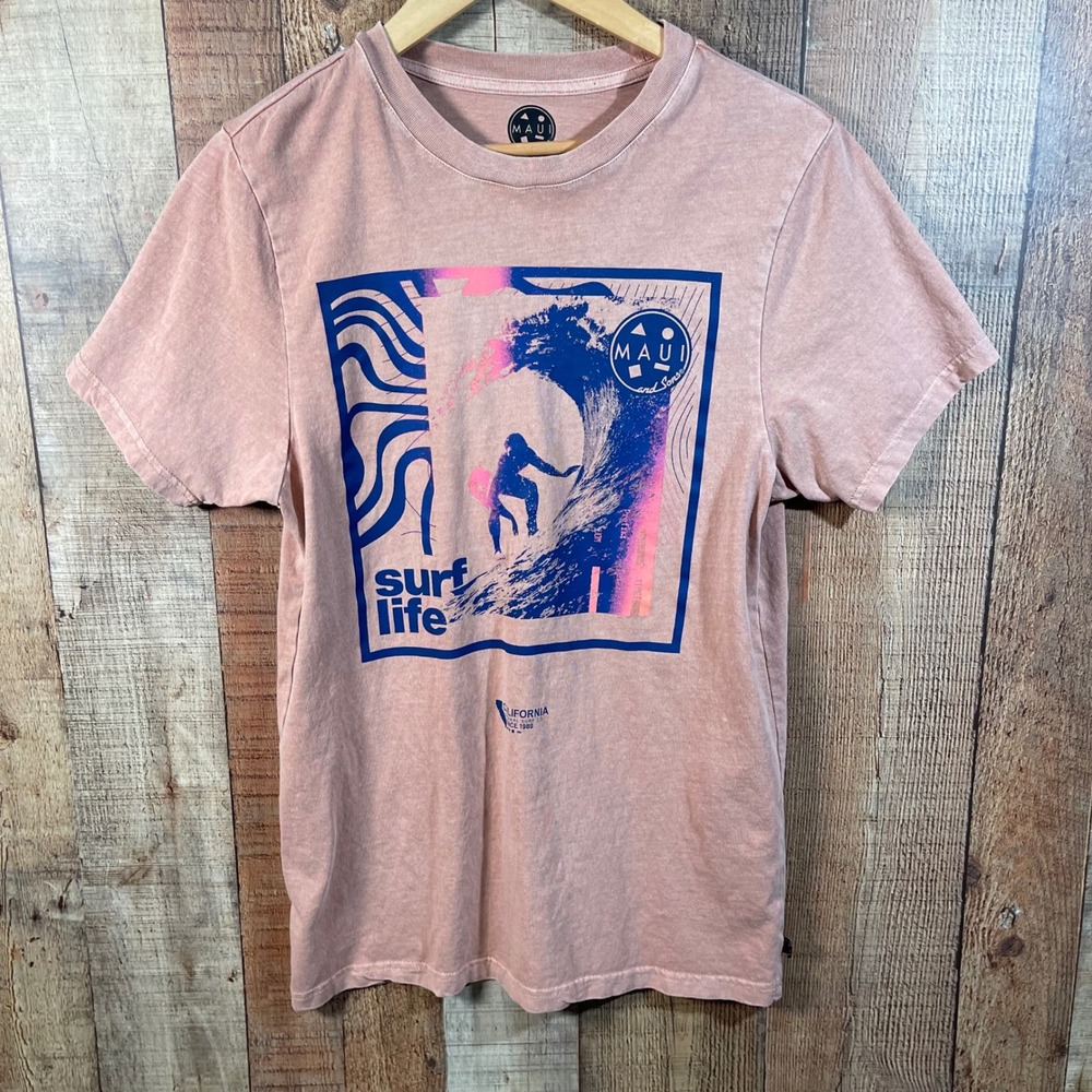 Maui and Sons Pink Acid Wash Cotton Surf Life Graphic Tee Shirt Mens Medium M